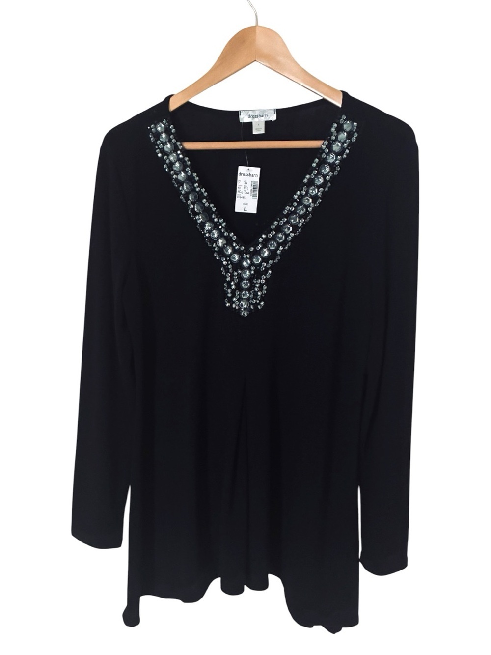 NEW NWT Dressbarn Sz LARGE Black Beaded Stone Trim V Neck Tunic Sweater